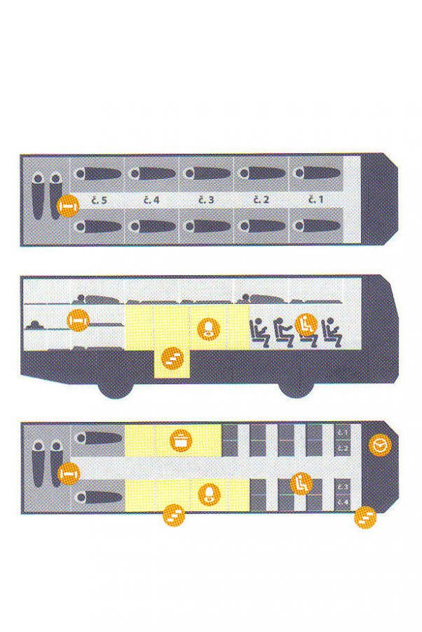 Schéma autobusu. Horní snímek představuje horní podlaží autobusu, dolní snímek naopak spodní podlaží autobusu (zdroj: Katalog Pangeo).