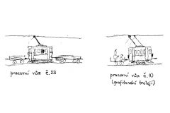 Náčrtky zobrazují pracovní soupravy plzeňských tramvají a přípojných vozů. Ing. Jiří Breník.